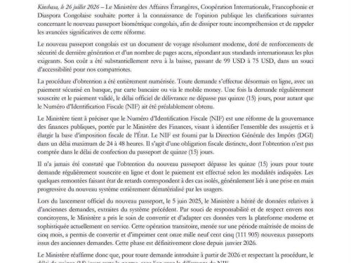 RDC : le ministère des Affaires étrangères clarifie les délais, le coût et la procédure du nouveau passeport congolais